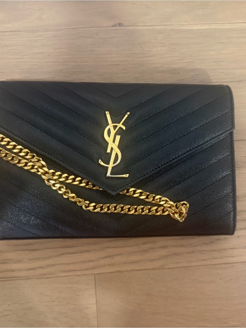 Saint Laurent Black Quilted Leather Chain Clutch with Gold Hardware